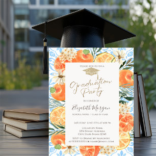 Invitación Gorrito de graduación, azul mediterráneo naranja G
