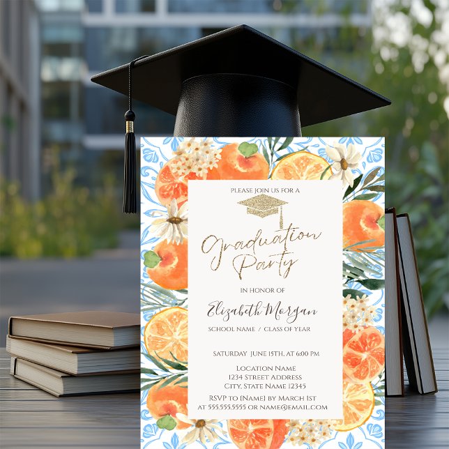 Invitación Gorrito de graduación, azul mediterráneo naranja G (Subido por el creador)