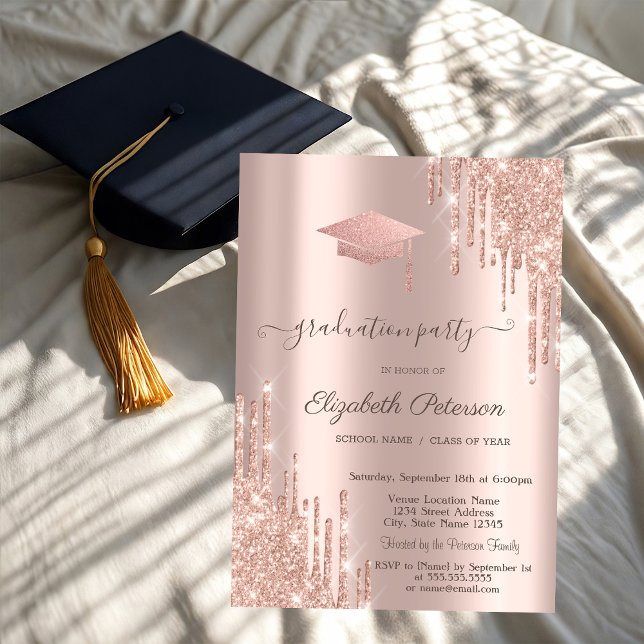 Invitación Gorrito de graduación con brillo de oro rosado que (Subido por el creador)