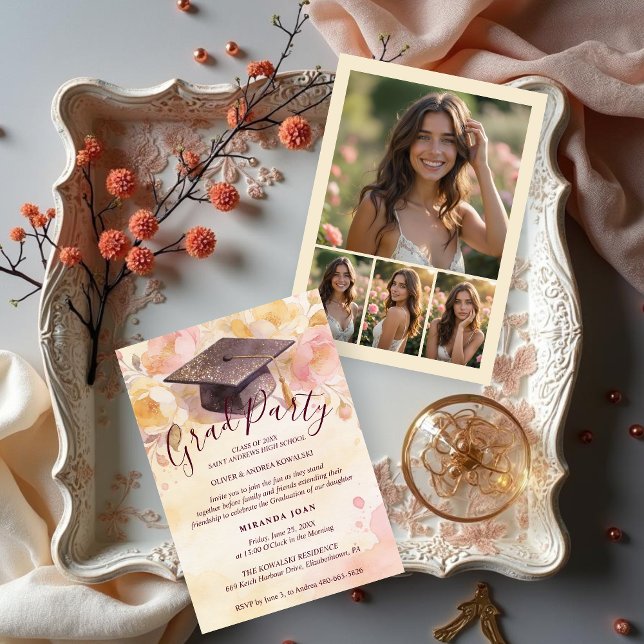 Invitación Gorrito de Graduación con Estilo Collage Floral de (Stylish Graduation Cap Floral Background Party Invitation Card Design with Back 4-Photo Collage. )