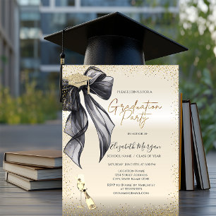 Invitación Gorrito de graduación, copa de vino con lazo negro
