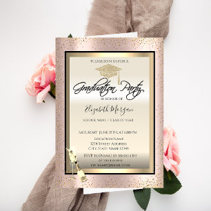 Invitación Gorrito de graduación, copa de vino, confeti Rosa 