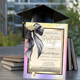 Invitación Gorrito de graduación, copa de vino de lazo negro
