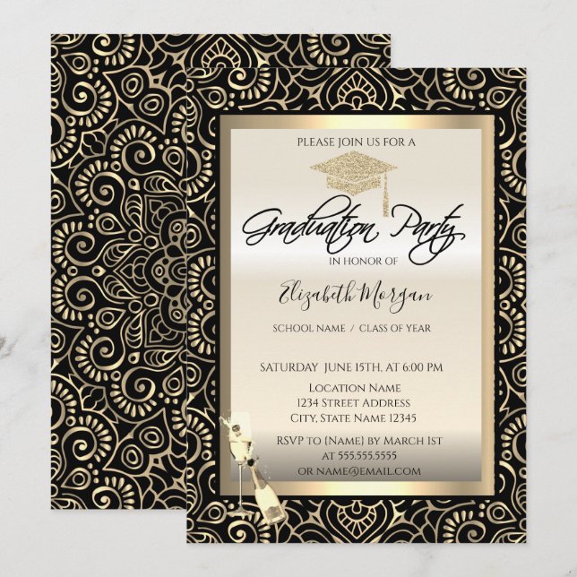 Invitación Gorrito de graduación, copa de vino dorado Mandala (Anverso / Reverso)
