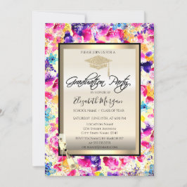 Invitación Gorrito de graduación, copa de vino, flores de con