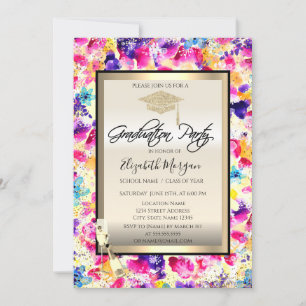 Invitación Gorrito de graduación, copa de vino, flores de con