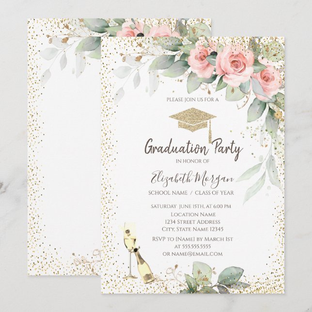 Invitación Gorrito de graduación, copa de vino, flores Gradua (Anverso / Reverso)