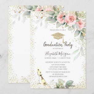 Invitación Gorrito de graduación, copa de vino, flores Gradua