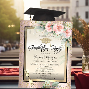 Invitación Gorrito de graduación, copa de vino, flores Rosa D
