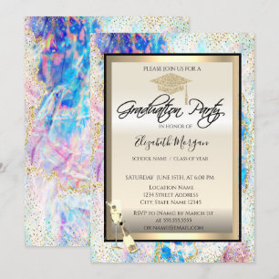 Invitación Gorrito de graduación, copa de vino, opalescente h