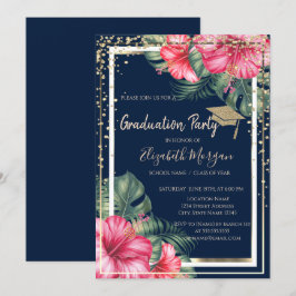 Invitación Gorrito de graduación de diamantes Hibisco Azul Ma
