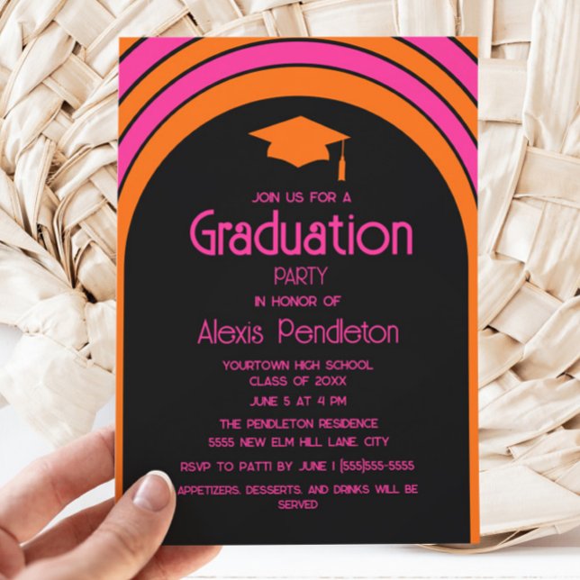 Invitación Gorrito de graduación de instituto de estilo retro (Pink and orange arch graduation party invitation)