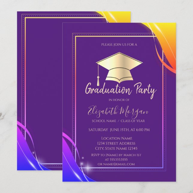 Invitación Gorrito de graduación de marco amarillo Violeta Gr (Anverso / Reverso)