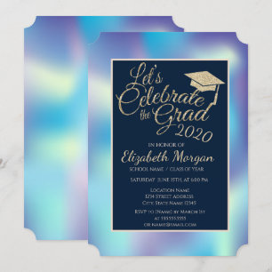 Invitación Gorrito de Graduación de Purpurina Azul Holográfic