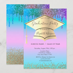 Invitación Gorrito de graduación, diamantes, gotas de holográ
