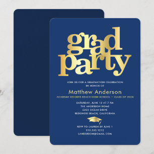 Invitación Gorrito de graduación dorado azul marino Tipografí