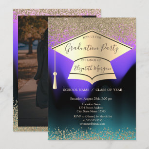 Invitación Gorrito de graduación dorado, diamantes, foto de g