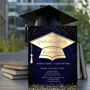 Invitación Gorrito de graduación dorado, diamantes y confeti 