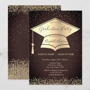 Invitación Gorrito de graduación dorado, diamantes y confeti