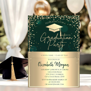 Invitación Gorrito de graduación dorado elegante, diamantes e