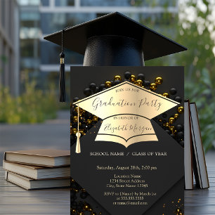 Invitación Gorrito de graduación dorado elegante, globos Grad