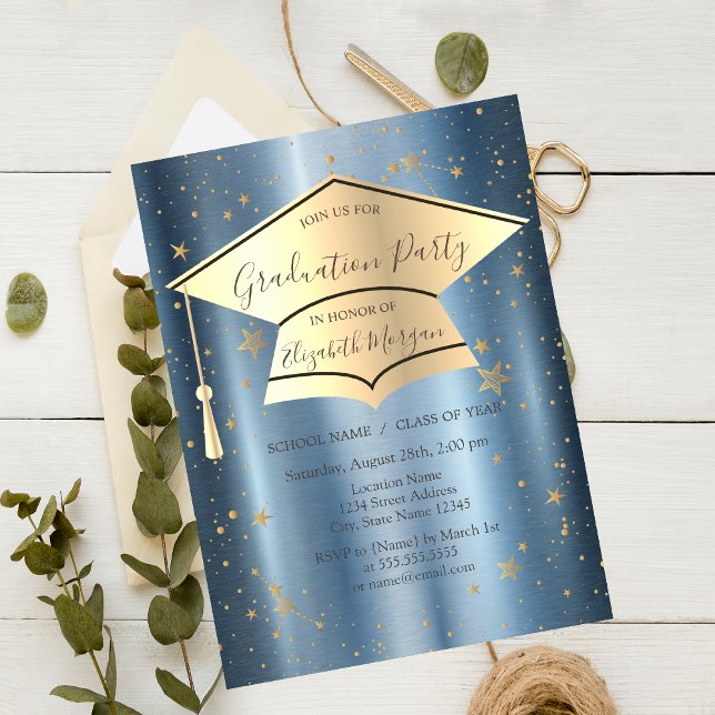 Invitación Gorrito de graduación dorado, estrellas sobre fond (Subido por el creador)