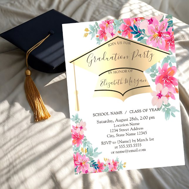 Invitación Gorrito de graduación dorado Flores de primavera G (Subido por el creador)