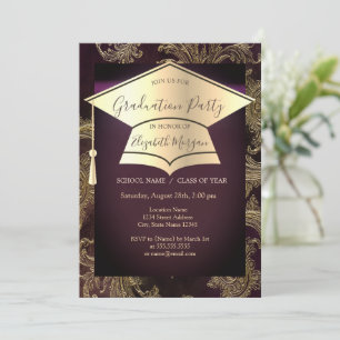 Invitación Gorrito de graduación dorado, graduación de damasc