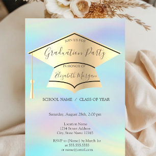 Invitación Gorrito de graduación dorado, graduación holográfi