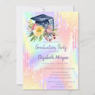 Invitación Gorrito de graduación floral, gotas ombré holográf