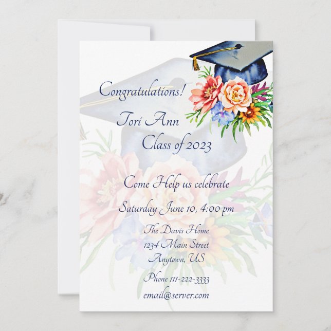 Invitación Gorrito de graduación floral personalizado (Anverso)