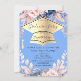 Invitación Gorrito de graduación, flores de graduación azul c