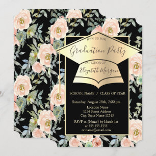 Invitación Gorrito de graduación, flores rosas negras graduac