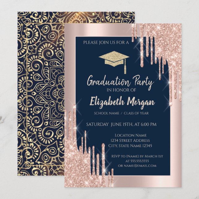 Invitación Gorrito de graduación, gotas de oro rosa, mandala  (Anverso / Reverso)