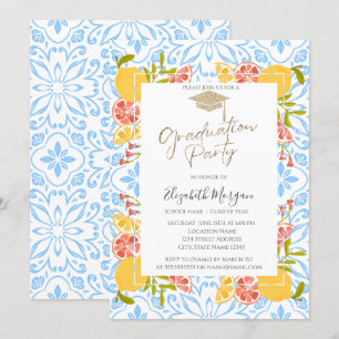 Invitación Gorrito de graduación, graduación azul mediterráne