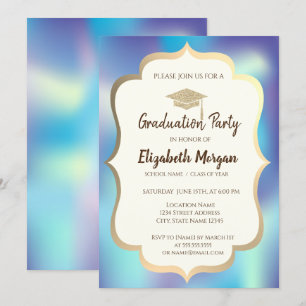 Invitación Gorrito de Graduación Holográfico Azul Parte de Gr