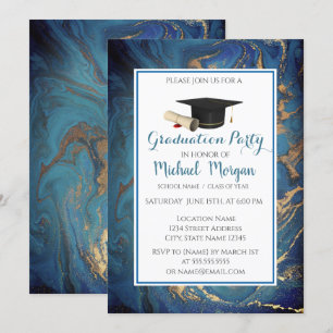 Invitación Gorrito de Graduación Mármol Dorado Fiesta de Grad