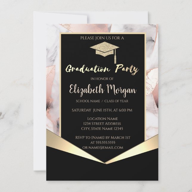 Invitación Gorrito de graduación, mármol geométrico de oro ro (Anverso)