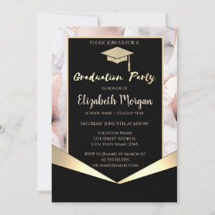 Invitación Gorrito de graduación, mármol geométrico de oro ro