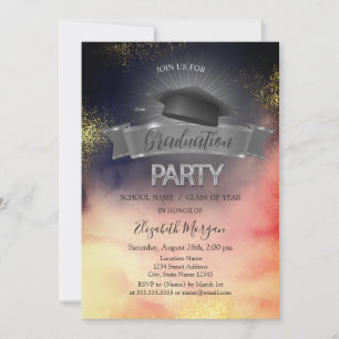 Invitación Gorrito de graduación negro sobre fondo de acuarel