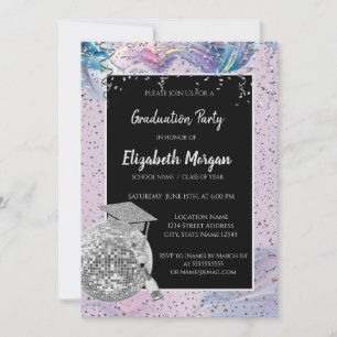 Invitación Gorrito de graduación plateado, bola de discoteca,