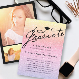 Invitación Gorrito de graduación purpurina lila rosa para fie