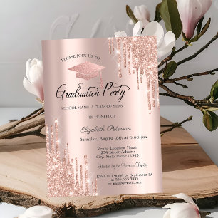 Invitación Gorrito de graduación Rose Gold con gotas de brill