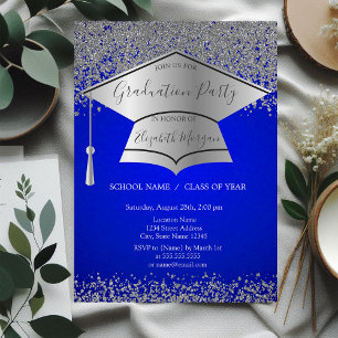 Invitación Gorro de grado plateado, fiesta de graduación azul