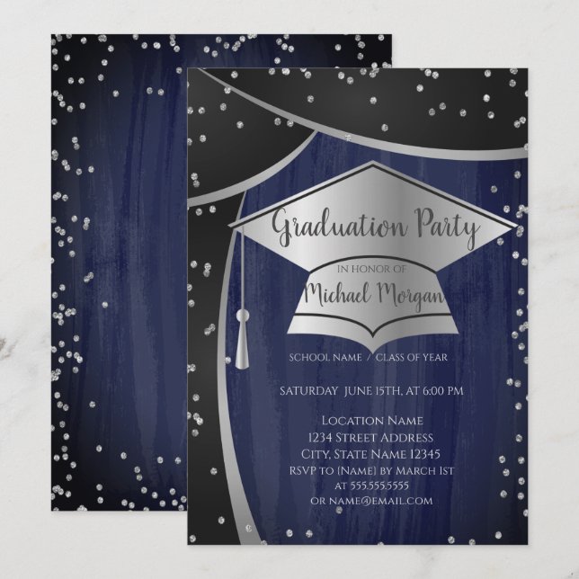 Invitación Gorro de graduación de plata Guay,Graduación de di (Anverso / Reverso)