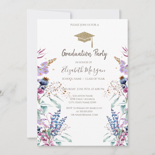 Invitación Gorro de graduación de Purpurina de Wildflower Mea (Anverso)