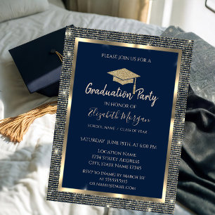 Invitación Gorro de graduación lentejuelas doradas graduación