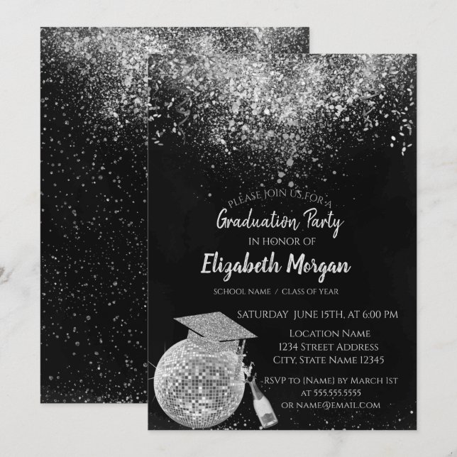 Invitación Gorro de graduación purpurina, disco Ball Confetti (Anverso / Reverso)
