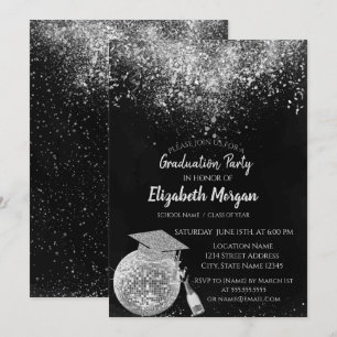 Invitación Gorro de graduación purpurina, disco Ball Confetti