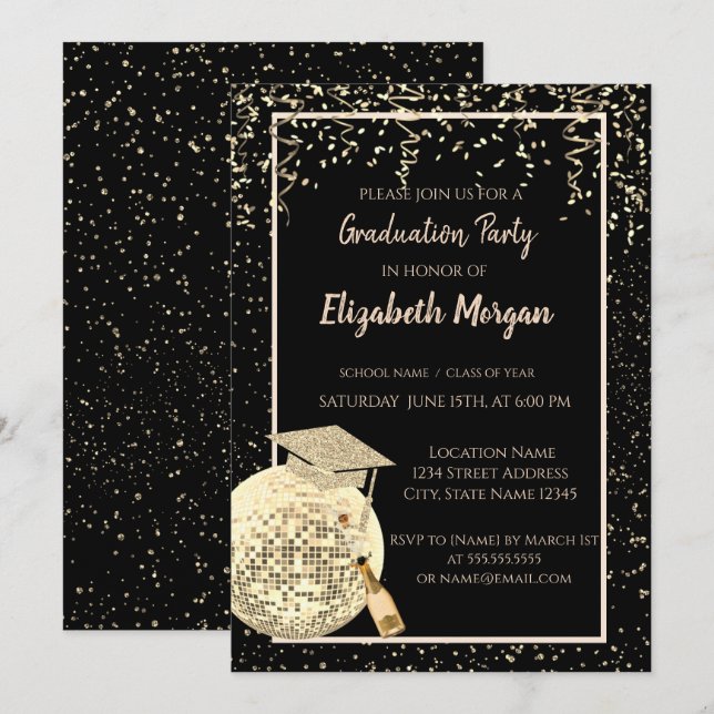 Invitación Gorro de graduación purpurina, disco Ball Confetti (Anverso / Reverso)